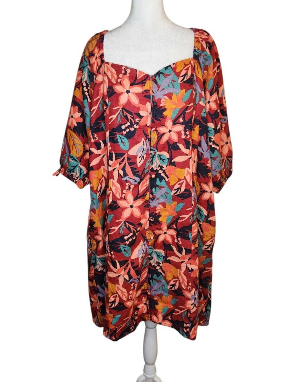 Garnet Hill 100% Linen Floral Tie Sleeve Button Front 3/4 Sleeve Dress Size XL